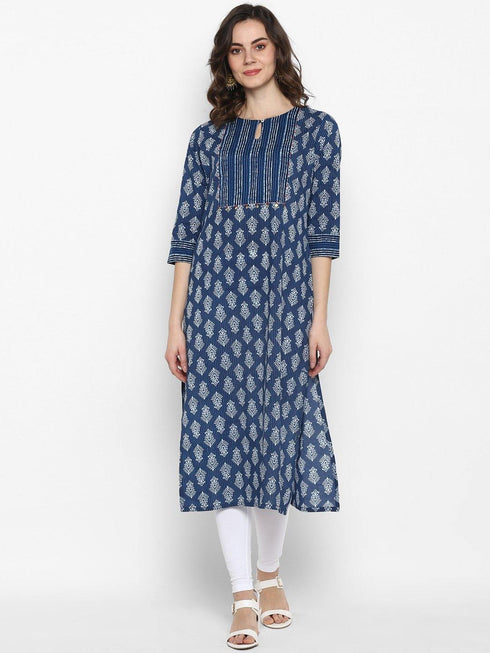 Janasya Women's Blue Cotton Block Print Kurta